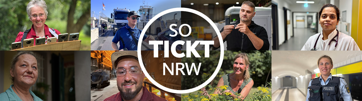 Porträts von verschiedenen Menschen aus NRW, in der Mitte ein weißer Kreis mit der Inschrift "So tickt NRW"