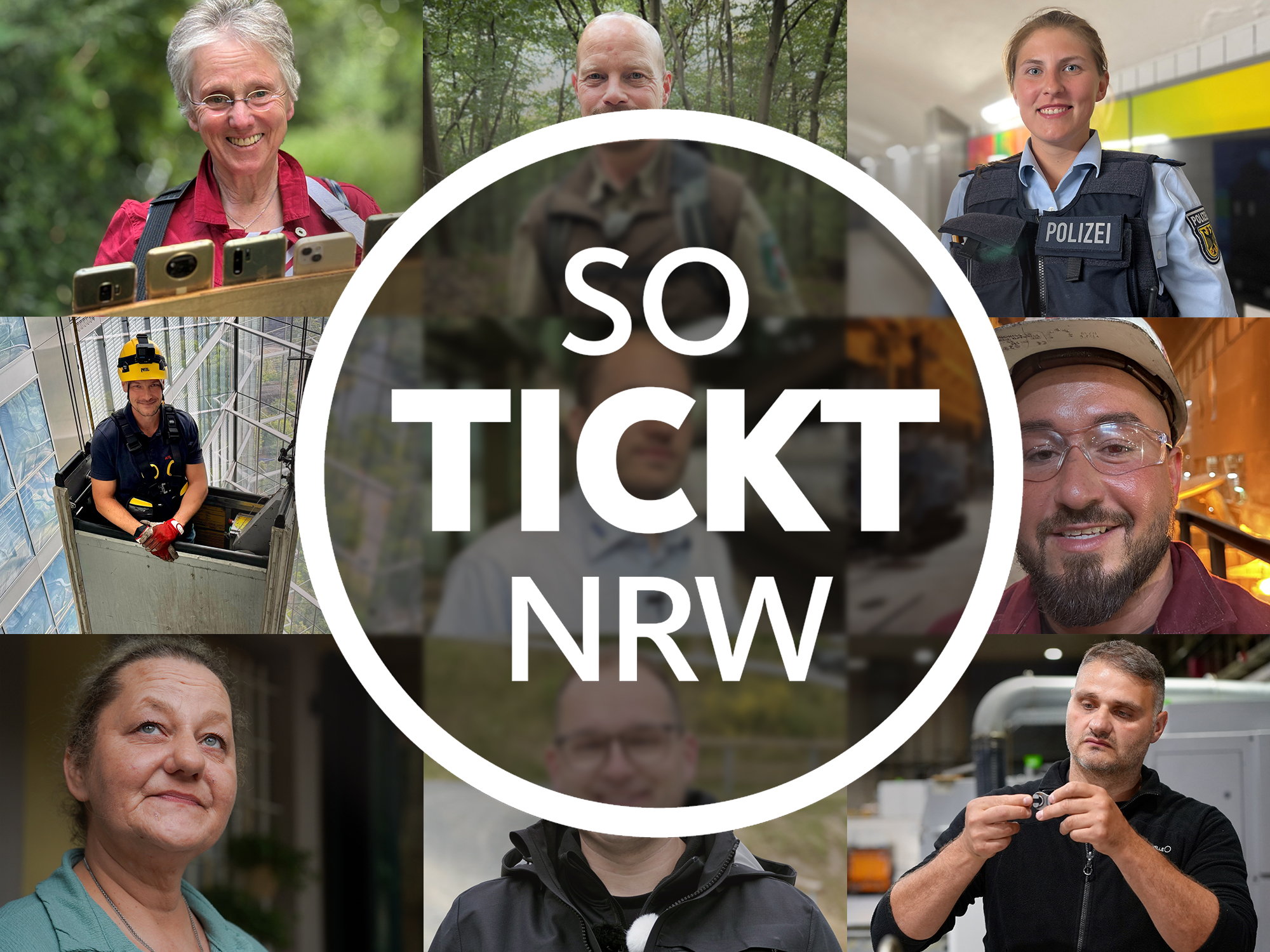 Porträts von verschiedenen Menschen aus NRW, in der Mitte ein weißer Kreis mit der Inschrift "So tickt NRW"