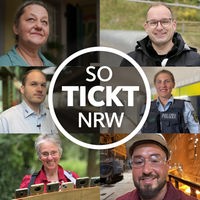 Porträts von verschiedenen Menschen aus NRW, in der Mitte ein weißer Kreis mit der Inschrift "So tickt NRW"