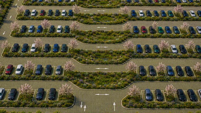  Begrünter Parkplatz mit Regenwassermulden  (mit Ki bearbeitet)