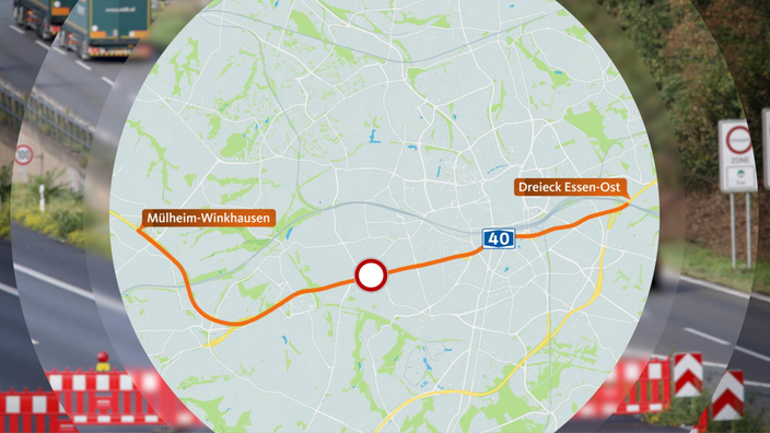 Eine orangene Linie auf einer Karte kennzeichnet den gesperrten Abschnitt der A40.