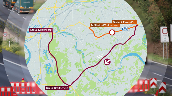 Eine rote Linie auf einer Karte kennzeichnet eine Umleitung über die A52.