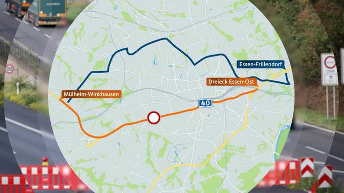 Eine blaue Linie auf einer Karte kennzeichnet eine Umleitung durch das Essener Stadtgebiet.