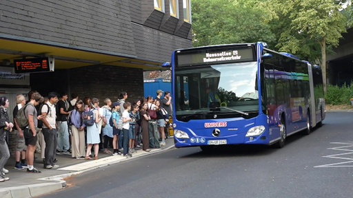 Mehrere Personen stehen an einer Haltestelle neben einem blauen Buss.