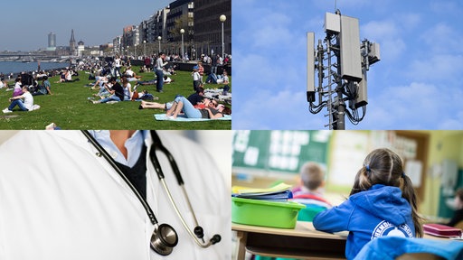 Collage von Menschen am Rheinufer in Düsseldorf, einem Mobilfunkmast, einem Arzt mit Stethoskop um den Hals und Kindern in einem Klassenzimmer