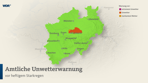Eine Karte von Nordrhein-Westfalen zeigt an, dass im Ruhrgebiet heftiger Starkregen erwartet wird. 