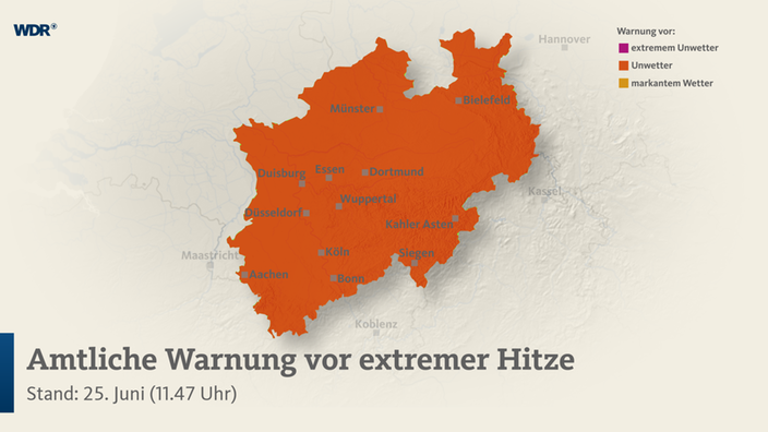 Die ganze NRW-Karte ist orange eingefärbt - der DWD warnt vor extremer Hitze