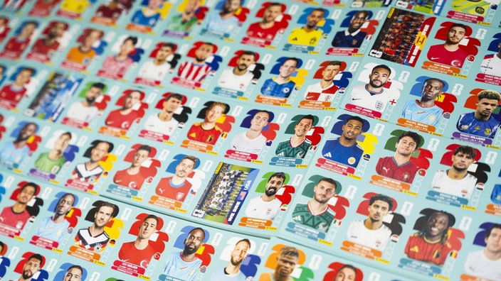 Die gedruckten Panini-Sammelkarten. Auf diesen sieht man die Fußballspieler etwa bis zur Brustpartie.