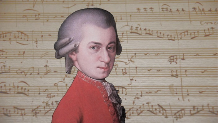 Collage: Wolfgang Amadeus Mozart vor Noten