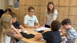 Zwei Medienscouts aus der zwölften Klasse der Gesamtschule Essen-Borbeck stehen an einem Tisch, an dem kinder aus der 5c sitzen