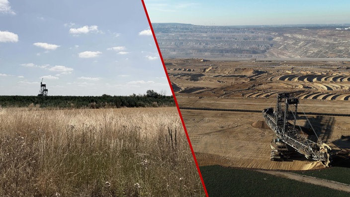 Links ein Feldstück, rechts ein Bagger im Tagebau Hambach