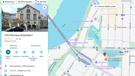 Screenshot: Ein Kartenausschnitt aus Google Maps mit dem Bild der CDU-Geschäftsstelle in Düsseldorf und der Beschriftung "CDU Eierhaus"