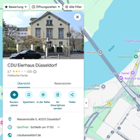Screenshot: Ein Kartenausschnitt aus Google Maps mit dem Bild der CDU-Geschäftsstelle in Düsseldorf und der Beschriftung "CDU Eierhaus"