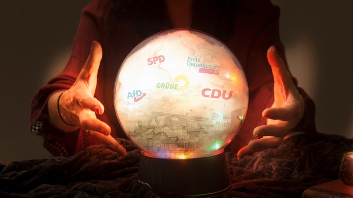 Glaskugel mit Blick auf den Landtag und die Parteien CDU, SPD, Grüne, FDP, AfD