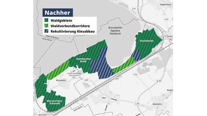 Zu sehen ist eine Karte, die die Waldgebiete des Hambacher Forsts darstellt