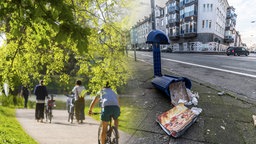 Collage aus zwei Bildern. Links: Menschen die auf Fahrrädern durch den Park fahren bei Sonnenschein. Rechts: Eine dreckige Straße, Müll liegt auf dem Boden.