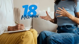 Ein Therapiegespräch, davor das Logo des Podcast 18 Millionen
