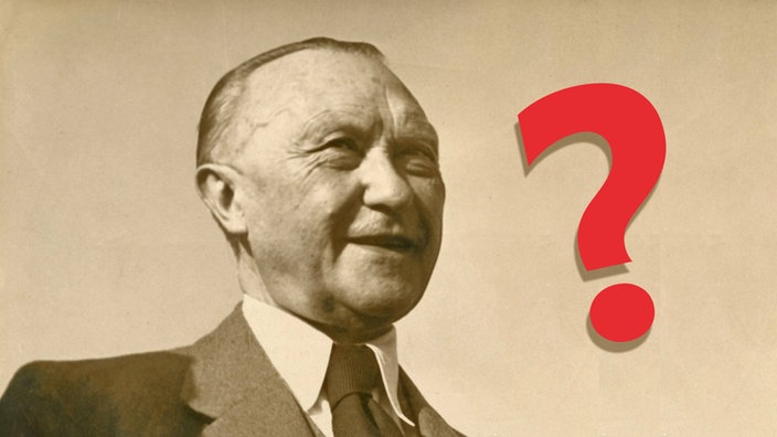 Porträtfoto Konrad Adenauer aus dem Jahr 1950, er schaut frohgemut lächelnd zur Seite, und ein Fragezeichen mit Schatten