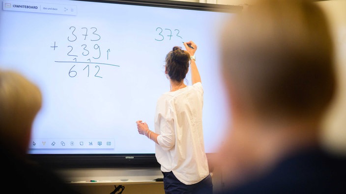 Eine Frau mit weißem Oberteil steht zum Rücken zu einer Schulklasse und schreibt Zahlen auf ein digitales Board an der Wand