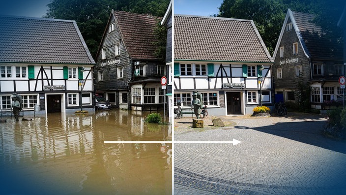 zwei nebeneinader liegnede Bilder zeugen einen Platz mit Häusern, bei denen der eine Platz überflutet ist und der Andere nicht