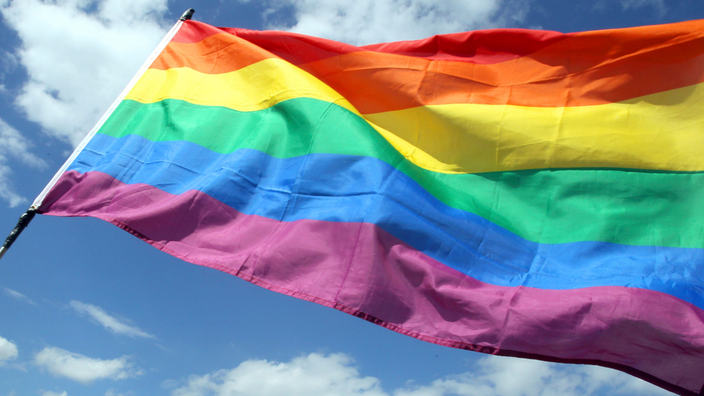 Eine Regenbogenflagge die im Wind weht.