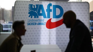 Teilnehmer des Landesparteitages der AfD Sachsen-Anhalt in Magdeburg unterhalten sich vor einer Wand mit dem Parteilogo