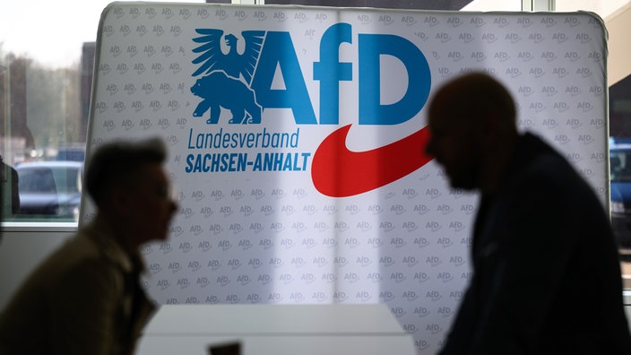 Teilnehmer des Landesparteitages der AfD Sachsen-Anhalt in Magdeburg unterhalten sich vor einer Wand mit dem Parteilogo