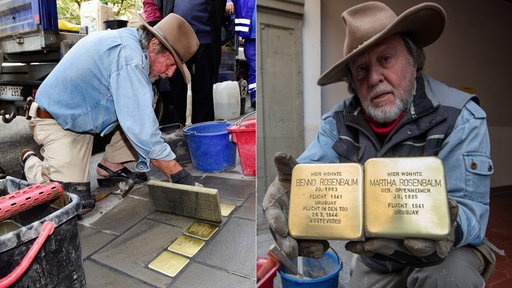 Gunter Demnig, Künstler und Initiator der Verlegung von Stolpersteinen zur Erinnerung an Opfer aus der Zeit des Nationalsozialismus, hält Stolpersteine für Benno und Martha Rosenbaum in den Händen