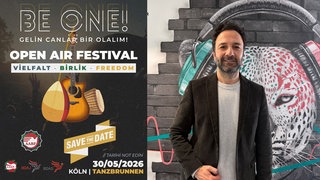 Köln'de "Be One - Gelin canlar bir olalım" isimli festival afişi ve Almanya Alevi Birlikleri Federasyonu Genel Sekreteri hukukçu Ufuk Çakır 