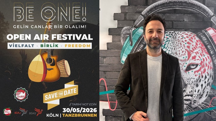 Köln'de "Be One - Gelin canlar bir olalım" isimli festival afişi ve Almanya Alevi Birlikleri Federasyonu Genel Sekreteri hukukçu Ufuk Çakır 