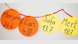Karten mit Namen hängen an einem Seil