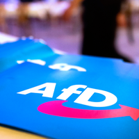 Zastavice sa logom AfD na stolu