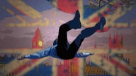 Surreale Illustration einer fallenden Person vor einer von der britischen Flagge überlagerten Londoner Skyline. 