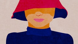Illustration: Eine Frau hat ihren roten Hut bis ins Gesicht gezogen.