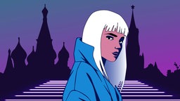 Illustration: Eine Frau mit weißen Haaren und blauer Jacke.