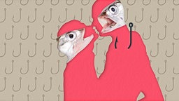 Illustration von zwei roten Silhouetten, die sich küssen, wobei die Köpfe durch Fischköpfe ersetzt sind.