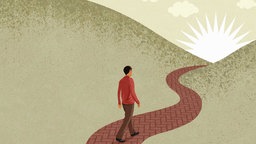 Illustration: Ein junger Mann läuft auf einem Weg Richtung Sonne.