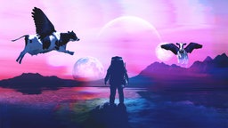 Fliegende Kühe und ein Astronaut auf einem pinken Planeten.