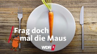 Eine Karotte auf einem Teller, daneben, Messer und Gabel