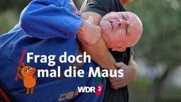 Zwei Männer trainieren Kampfsport in einem Park - dabei nimmt der eine den anderen in den Schwitzkasten