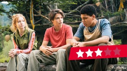 In einer Szene des Kinofilms "Woodwalkers 2" sitzen die Freunde Carag (Emile Chérif), Holly (Lilli Falk) und Brandon (Johan von Ehrlich) auf einem auf dem Boden liegenden Baumstamm.