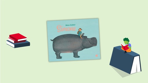 Auf dem Cover von Nikolaus Heidelbachs Kinderbuch !Simone" reitet ein Mädchen auf einem Flusspferd