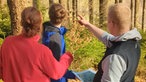 Zwei Frauen und ein Mann stehen in einem Wald, der Mann zeigt in eine Richtung
