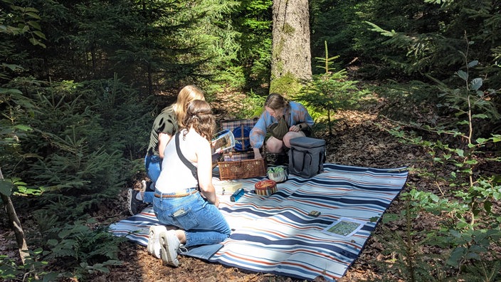 Mehrere Frauen sitzen auf einer Picknickdecke in einem Wald