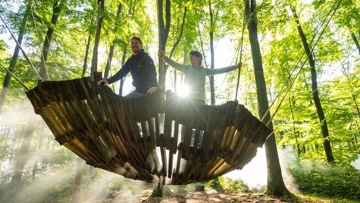 Mehrere Menschen stehen auf der Windwiege auf dem Nieheimer Kunstpfad