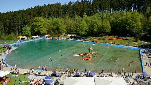 Waldfreibad Herpine in Halver aus der Vogelperspektive, blauer Pool mit Menschen im Wasser und am Beckenrand, dahinter grüne Bäume