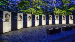 Gedenktafeln für Sinti und Roma im Tiergarten am 06.05.2026 in der Dämmerung
