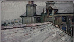 Das Beitragsbild des WDR3 Kulturfeature "Hutchinson Internment Camp" zeigt ein Gemälde Kurt Switters "Hausdaecher in Douglas, Isle of Man".