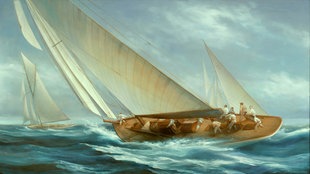 Das Gemälde "Jacht Astra bei Harwich" (1934) von Gem. v. Dodd zeigt Männer, die auf einer Yacht segeln.