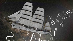 Segelboot in einer Galaxie mit fliegenden Buchstaben.